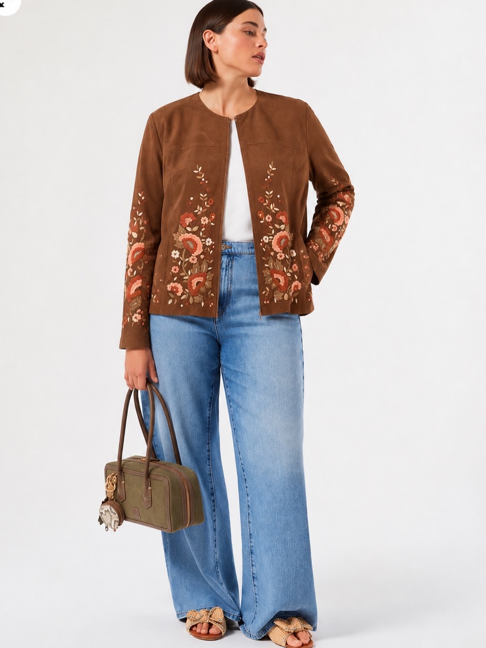 Marina Rinaldi Brown Suede Floral-Embroidered Zip Jacket - MaxMara Fashion House